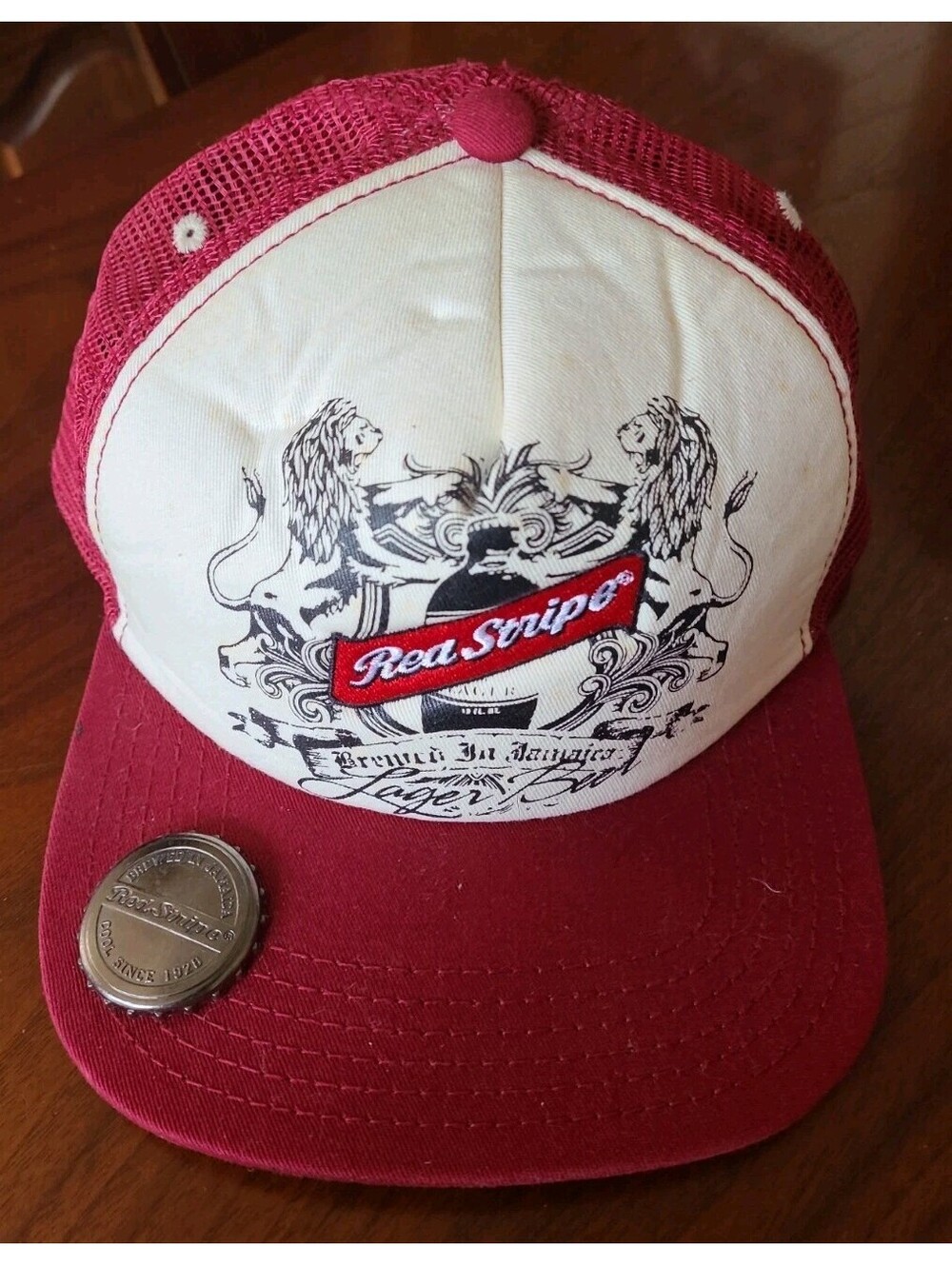 Red Stripe Beer Burgandy Adjustable Trucker Hat w/ Metal Bottle Opener